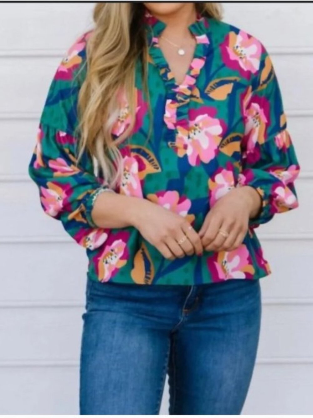 Michelle McDowell Lexi Green Floral Ruffle V-Neck Blouse Size Small Retail $68